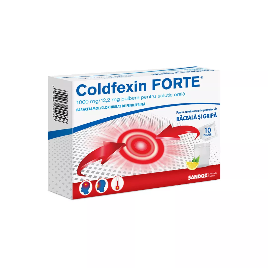 Coldfexin FORTE, 1000 mg/12,2 mg pulbere pentru solutie orala, 10 plicuri, Sandoz, [],farmaciabajan.ro