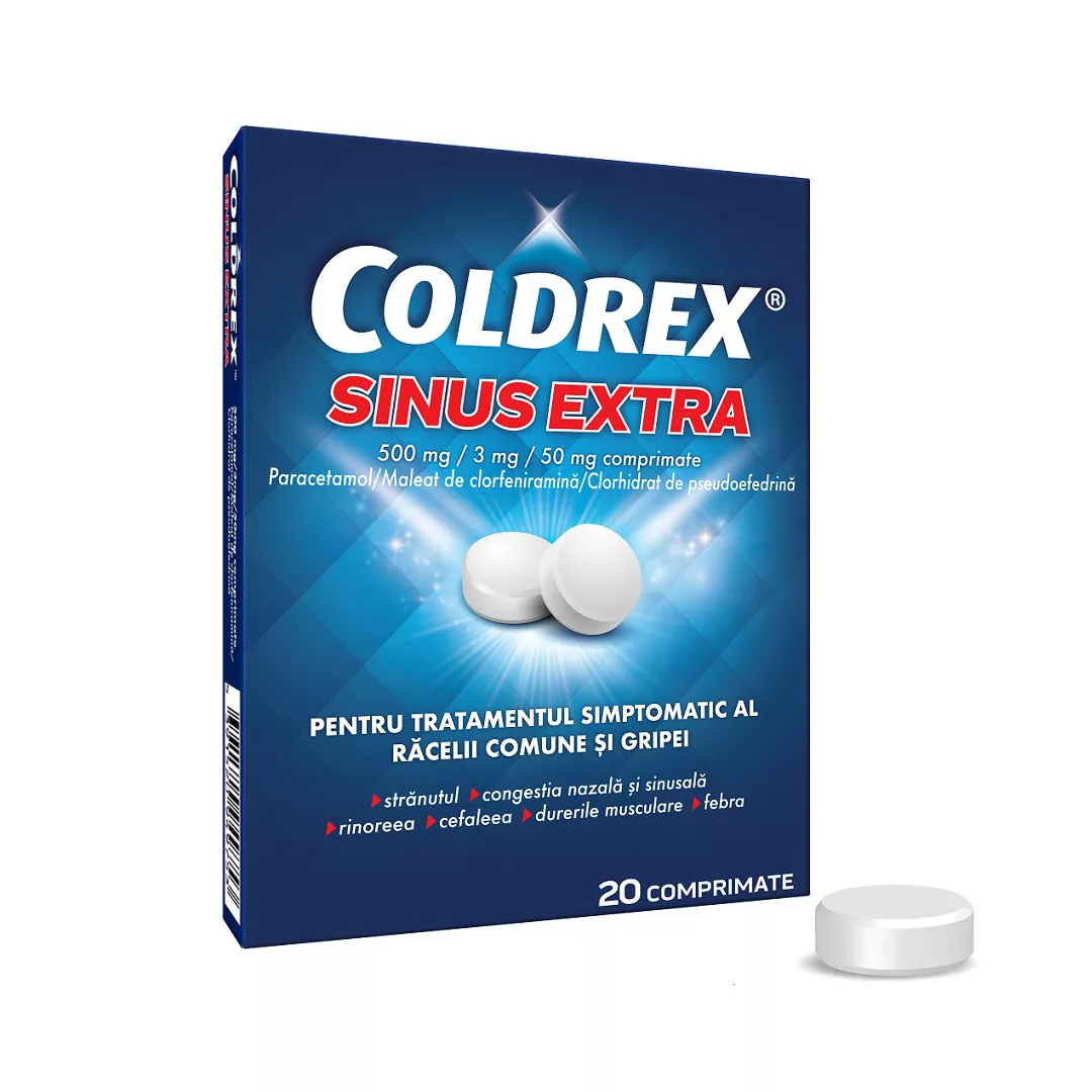 Coldrex Sinus Extra 500mg/3mg/50mg, 20 comprimate, Perrigo, [],farmaciabajan.ro