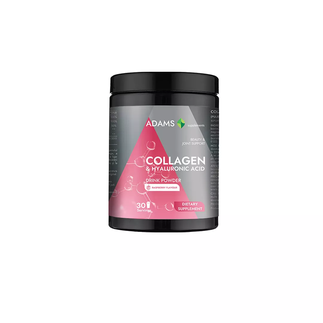 Collagen & Acid Hialuronic (pulbere instant, aroma zmeura), 600 g, Adams, [],https:farmaciabajan.ro