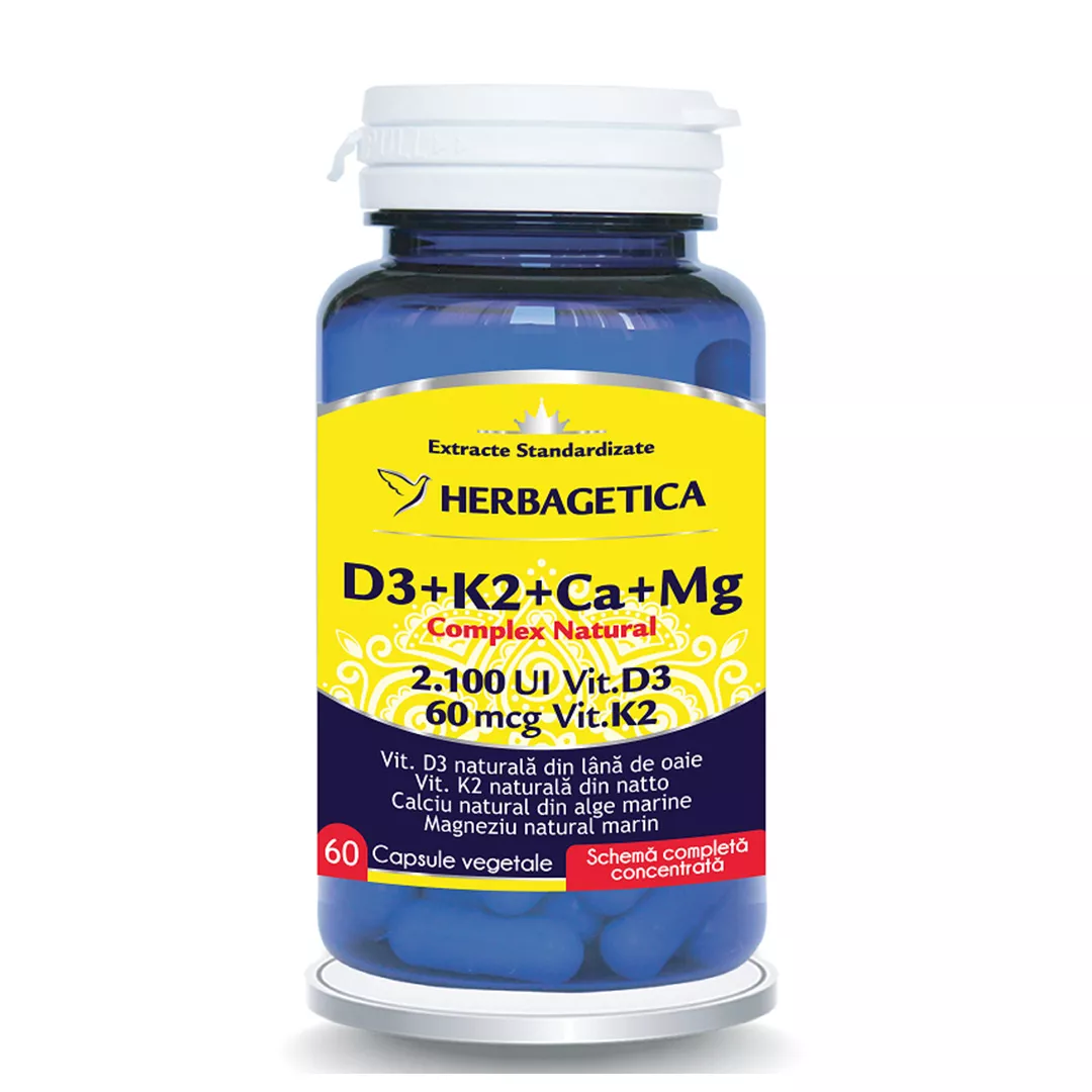 Complex natural D3+K2+Ca+Mg, 60 capsule vegetale, Herbagetica, [],farmaciabajan.ro