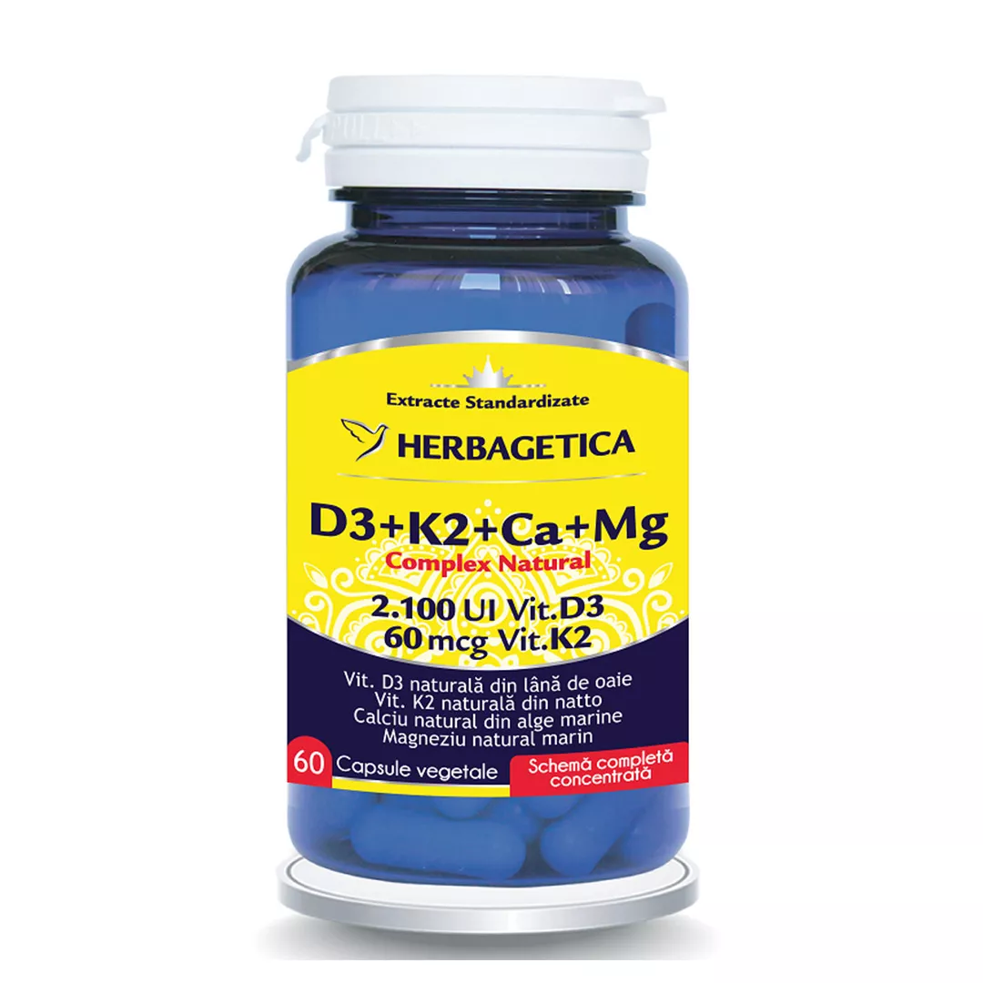Complex natural D3+K2+Ca+Mg, 60 capsule vegetale, Herbagetica, [],farmaciabajan.ro