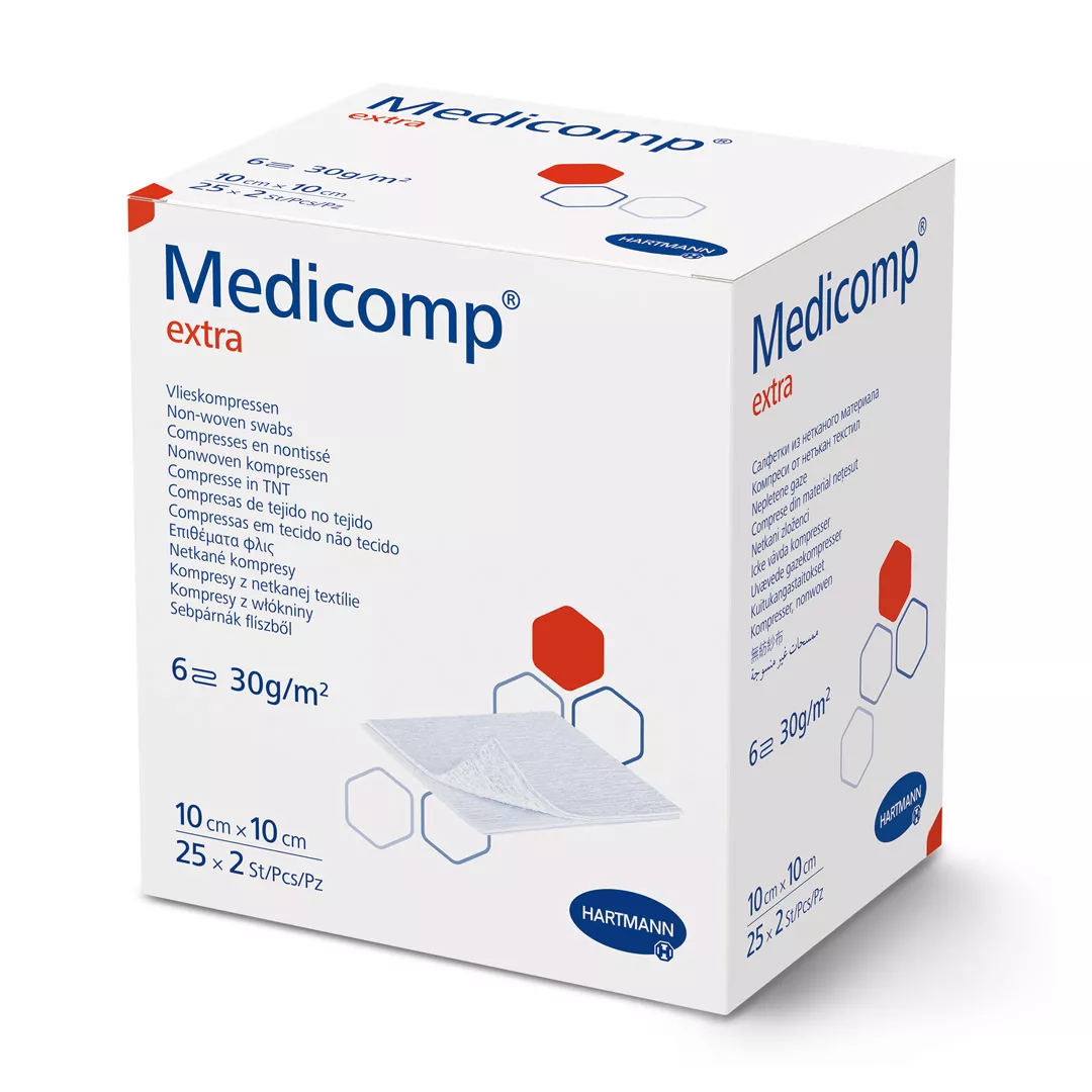 Comprese sterile absorbante din material netesut Medicomp Extra, 10 x 10 cm, 1 cutie/25 bucati, Hartmann, [],https:farmaciabajan.ro