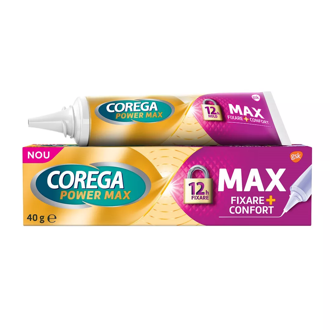 Crema adeziva pentru proteza dentara Corega Power Max Fixare+Confort, 40 g, Gsk, [],https:farmaciabajan.ro