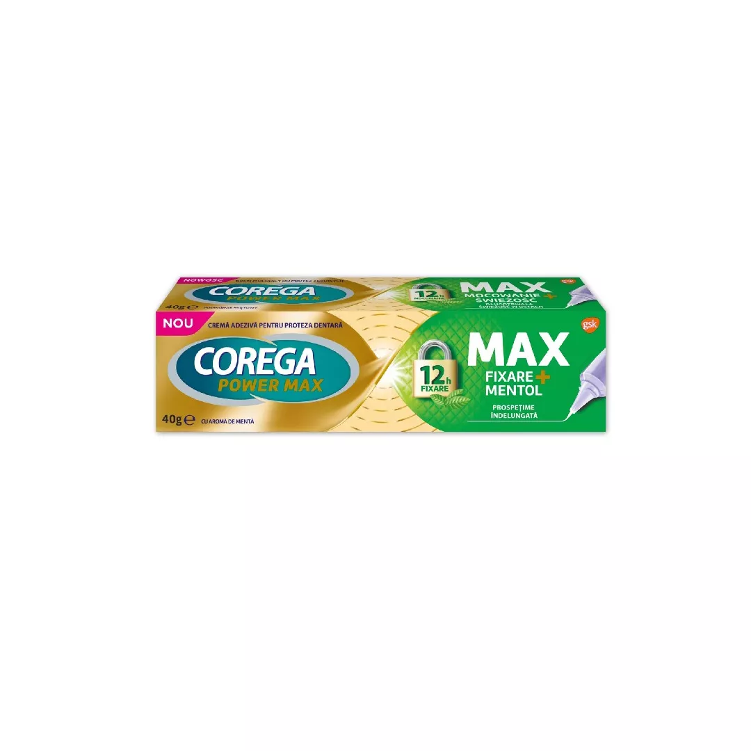 Crema adeziva pentru proteza dentara Max Fixare + Mentol Corega, 40 g, Gsk, [],https:farmaciabajan.ro