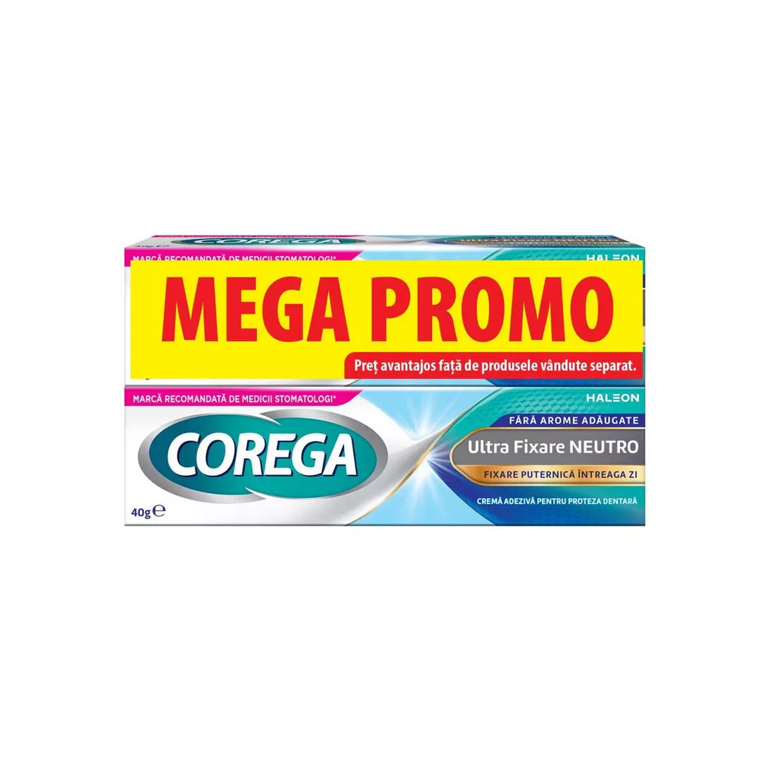 Pachet: Crema adeziva pentru proteza dentara Ultra Fixare Neutro, 2 x 40 g, Corega, [],farmaciabajan.ro