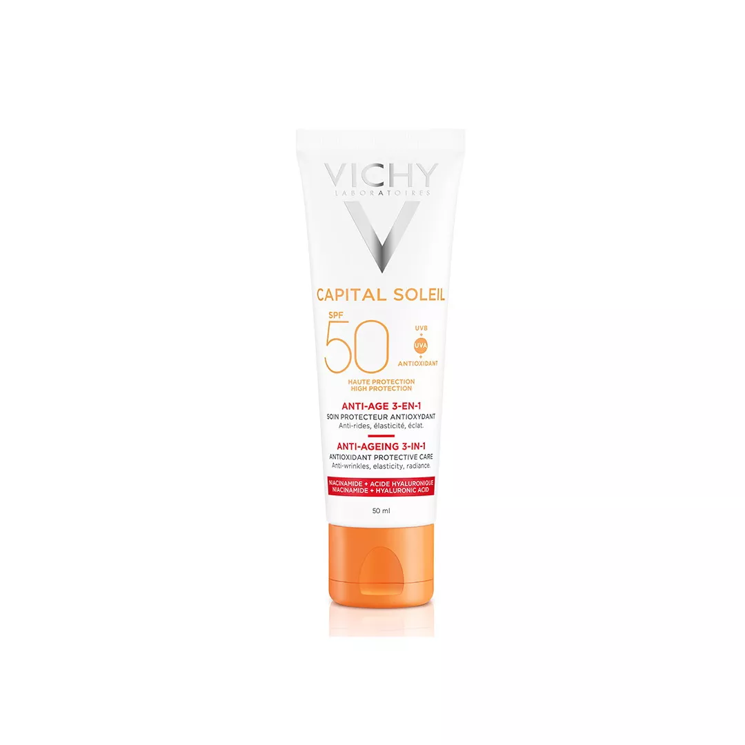 Crema antioxidanta anti-rid 3 in1 cu protectie solara SPF 50 pentru fata Capital Soleil, 50 ml, Vichy, [],farmaciabajan.ro