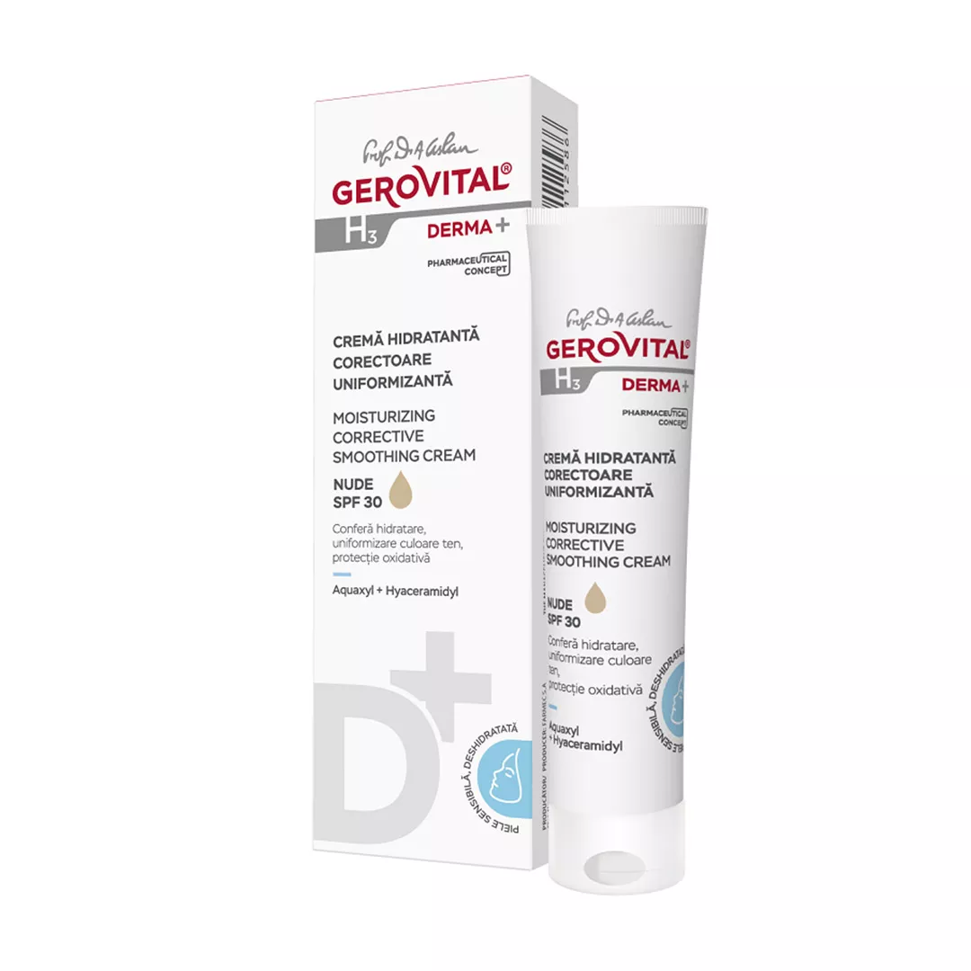 Crema hidratanta corectoare uniformizanta nuanta Nude cu factor de protectie SPF 30 H3 Derma+, 30 ml, Gerovital, [],farmaciabajan.ro