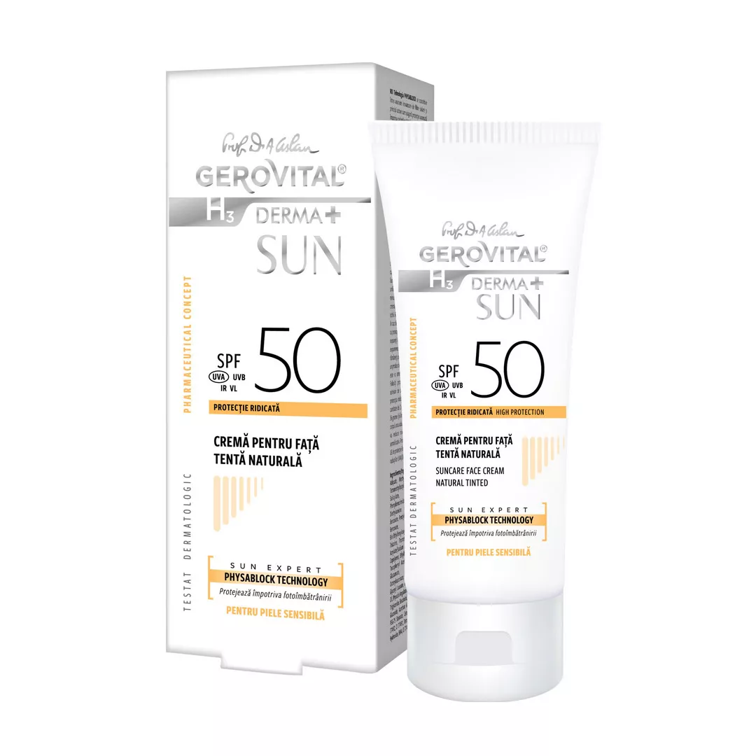 Crema pentru fata H3 Derma+ Sun, SPF 50, tenta naturala, 50 ml, Gerovital, [],https:farmaciabajan.ro