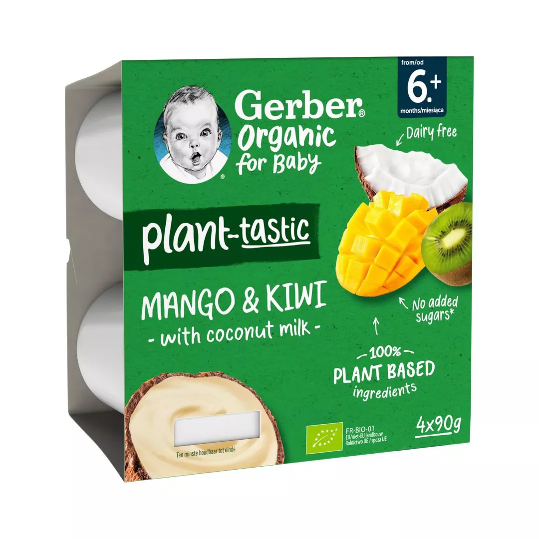Desert bio din mango, kiwi si cocos, +6 luni, 4x90 g, Gerber, [],farmaciabajan.ro