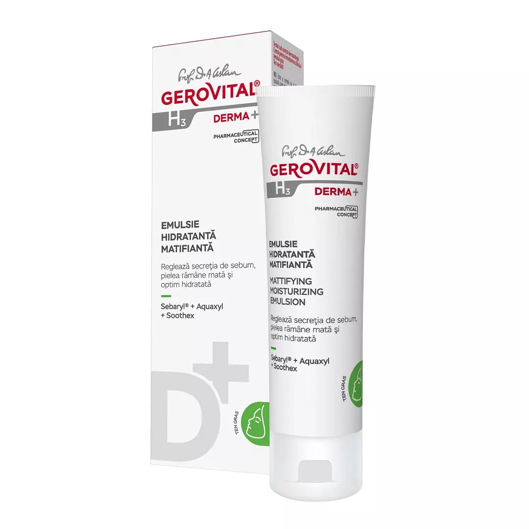 Emulsie hidratanta matifianta ten gras H3 Derma+, 50 ml, Gerovital, [],farmaciabajan.ro