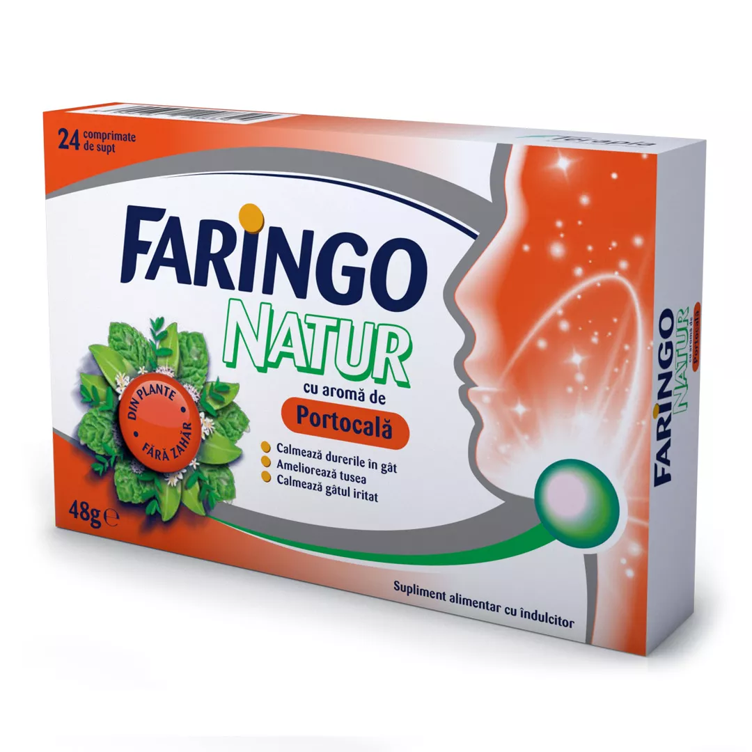 Faringo Natur cu aroma de portocale, 24 comprimate, Terapia, [],farmaciabajan.ro