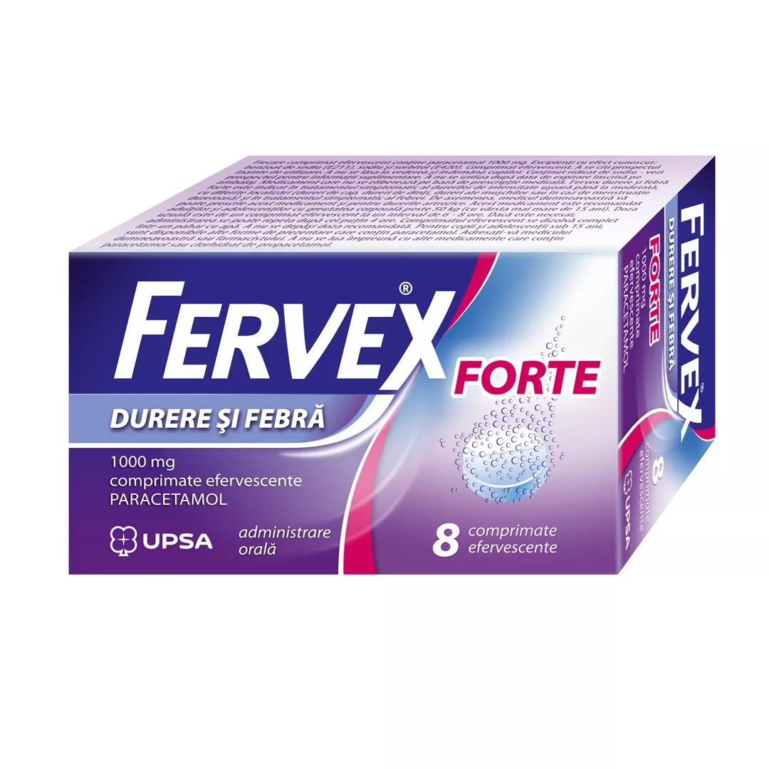 Fervex Durere si Febra Forte, 1000 mg, 8 comprimate efervescente, Upsa, [],farmaciabajan.ro