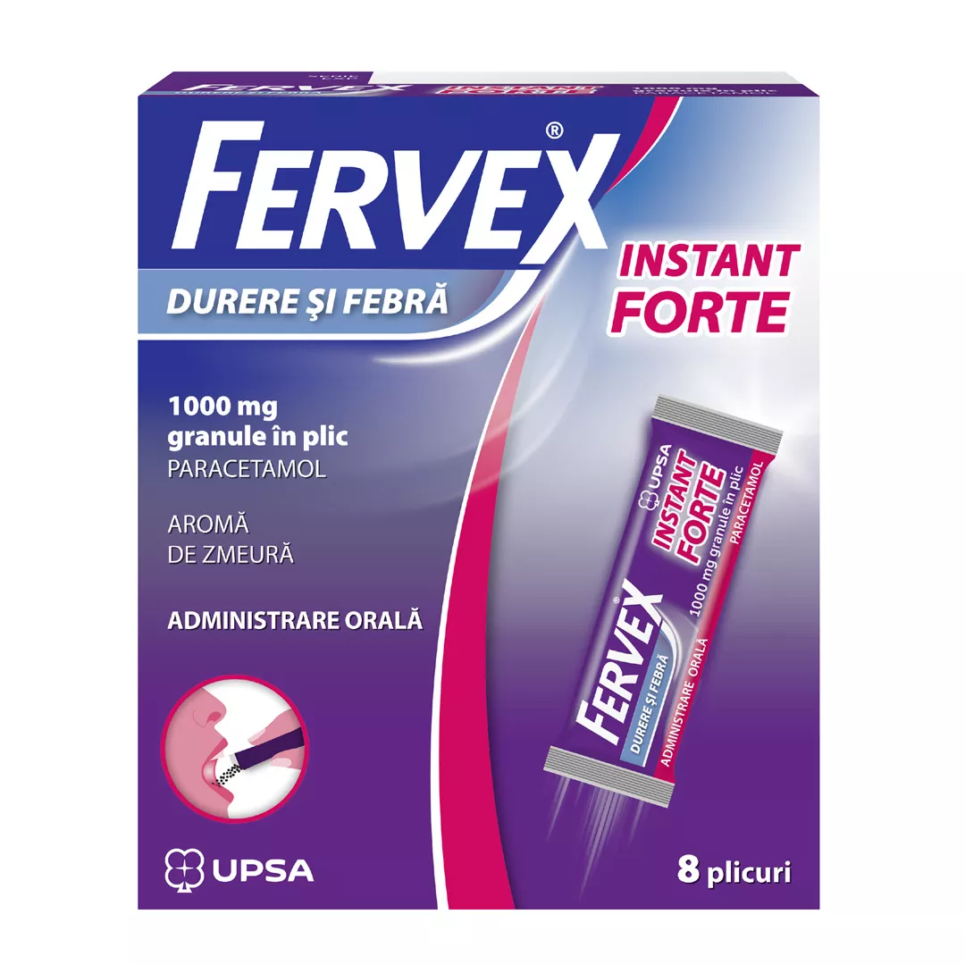Fervex durere si febra instant forte, 1000 mg, 8 plicuri, Upsa, [],farmaciabajan.ro