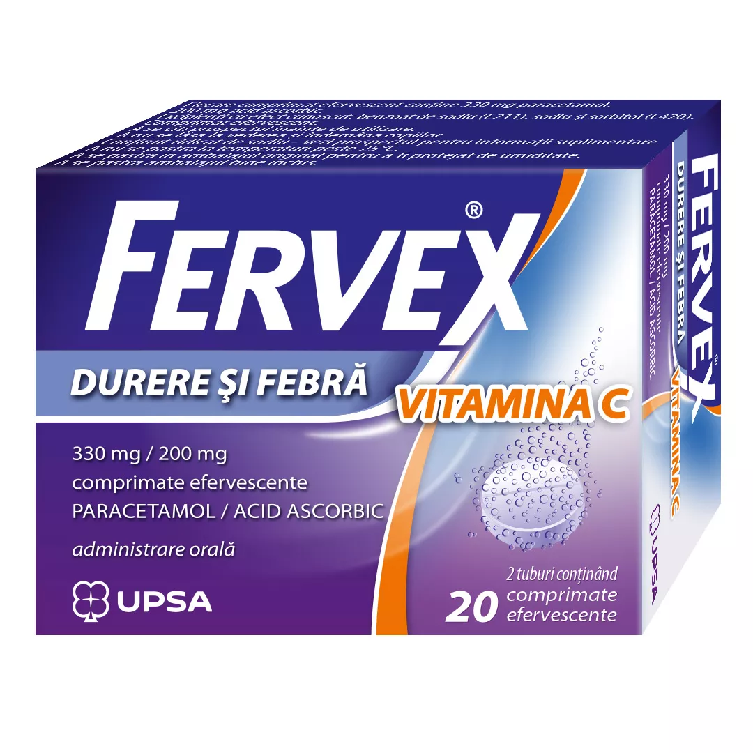Fervex Durere si Febra Vitamina C, 330 mg/ 200 mg, 20 comprimate efervescente, Upsa, [],farmaciabajan.ro