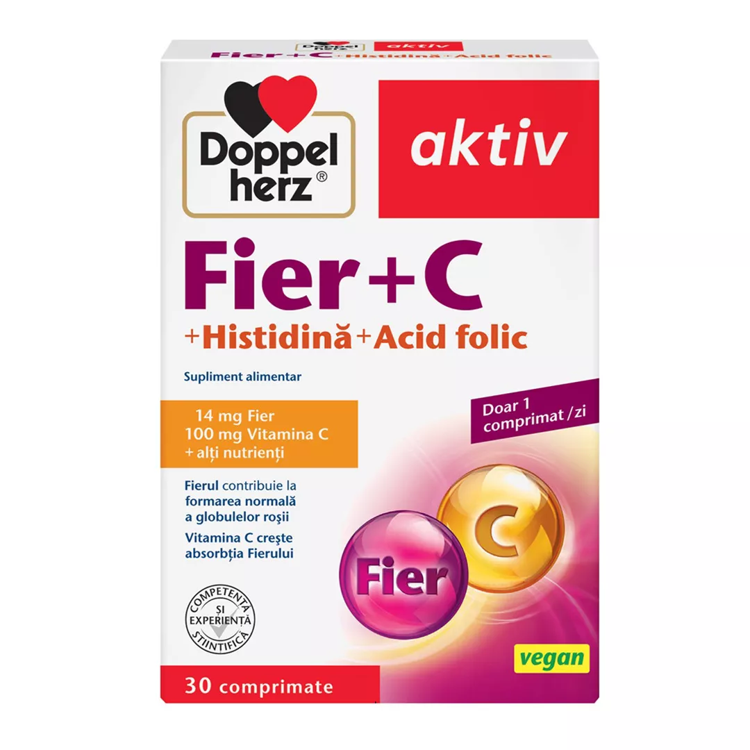 Fier + Vitamina C + Acid Folic + Histidina Aktiv, 30 comprimate, Doppelherz, [],farmaciabajan.ro