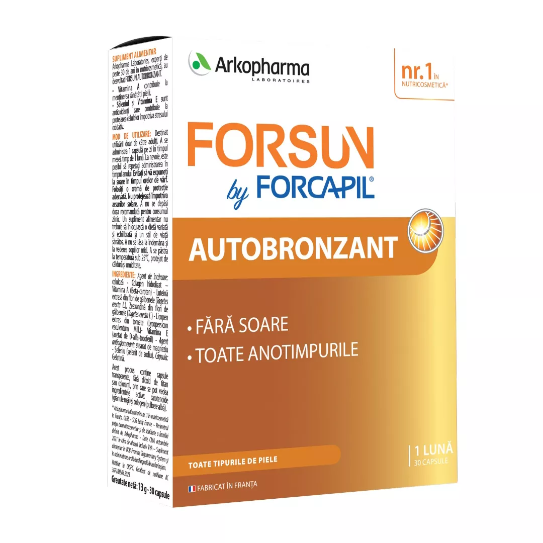 Forcapil Forsun Autobronzant, 30 capsule, Arkopharma, [],https:farmaciabajan.ro