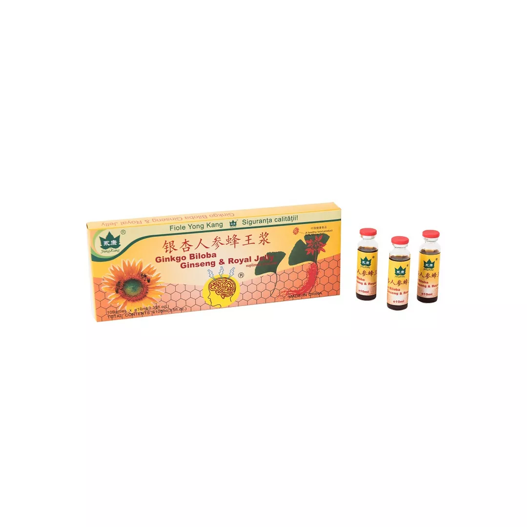 Ginkgo Biloba Ginseng si Royal Jelly, 10 fiole, Yongkang International China, [],farmaciabajan.ro