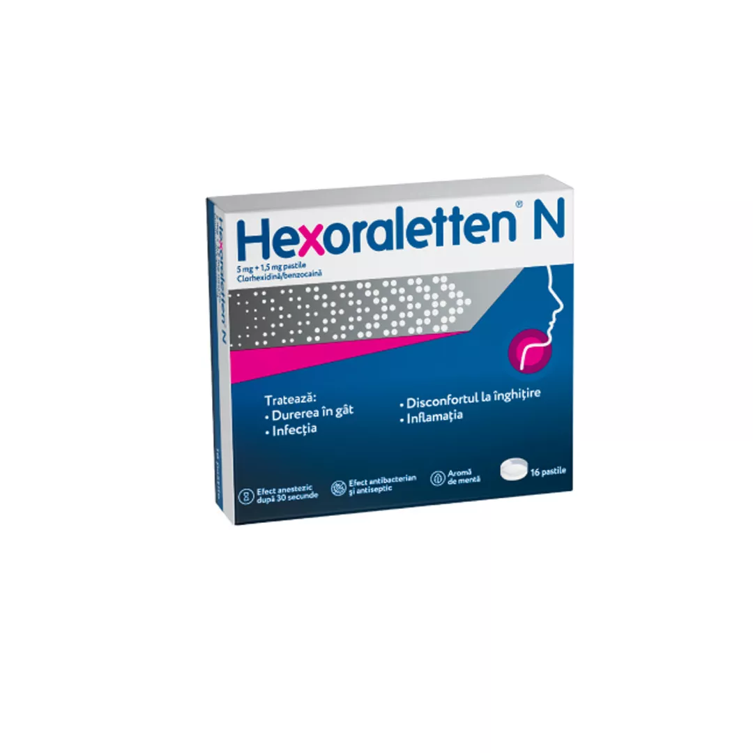 Hexoraletten N, 5 mg+1,5 mg, 16 pastile, Johnson&Johnson, [],farmaciabajan.ro