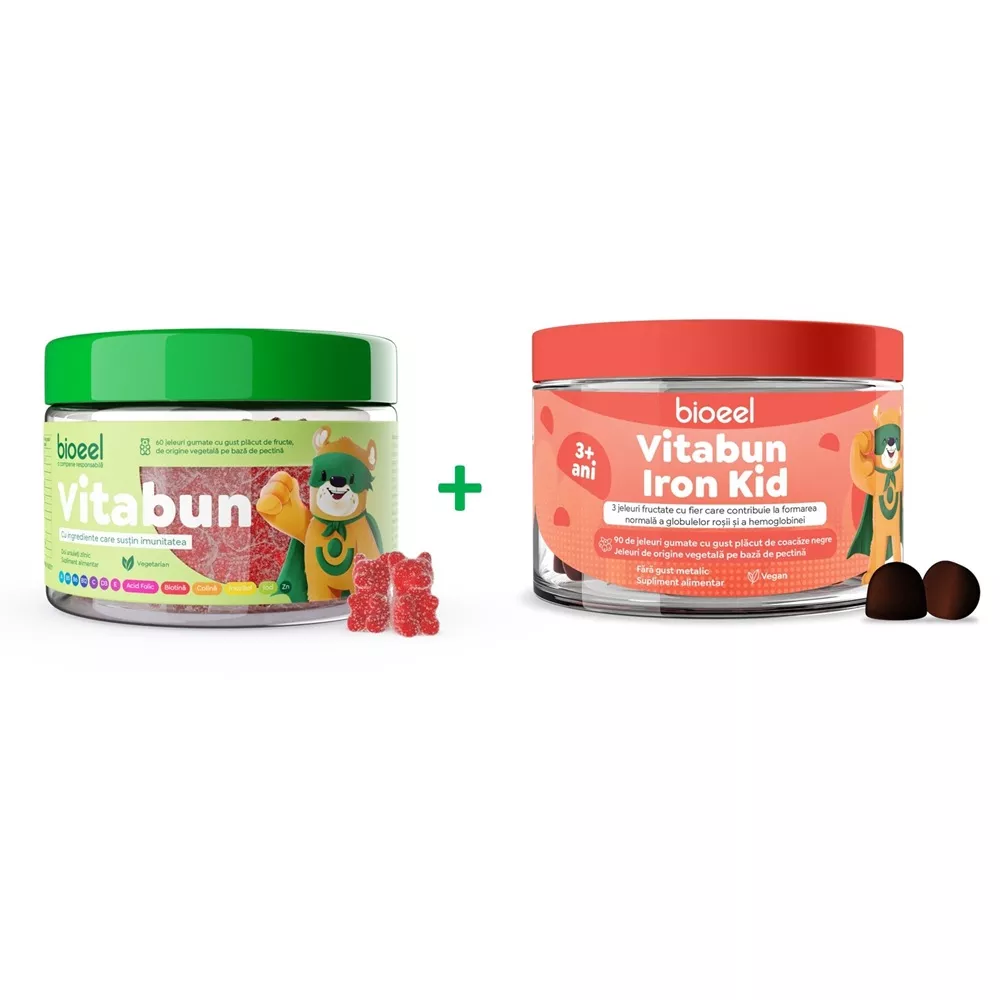 Jeleuri cu multivitamine Vitabun, 60 bucati + Jeleuri fructate cu fier Vitabun Iron Kid, 90 bucati, Bioeel, [],farmaciabajan.ro