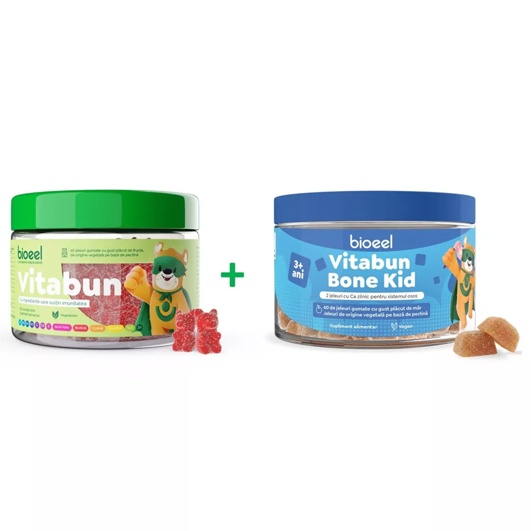 Jeleuri cu multivitamine Vitabun, 60 bucati + Jeleuri gumate cu calciu Vitabun Bone Kid, 60 bucati, Bioeel, [],farmaciabajan.ro
