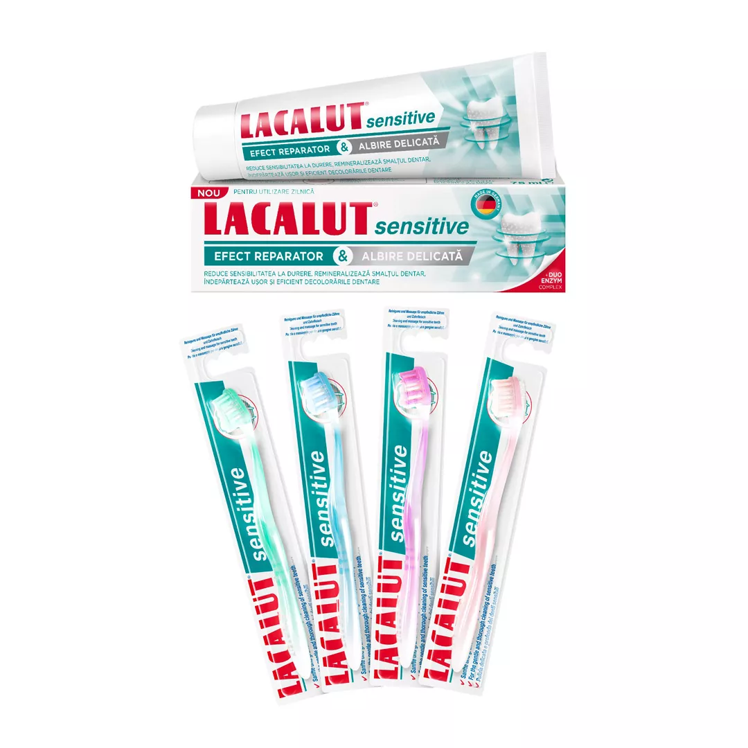 Lacalut sensitive whitening pasta dinti, 75 ml + Periuta Action Cadou, [],farmaciabajan.ro