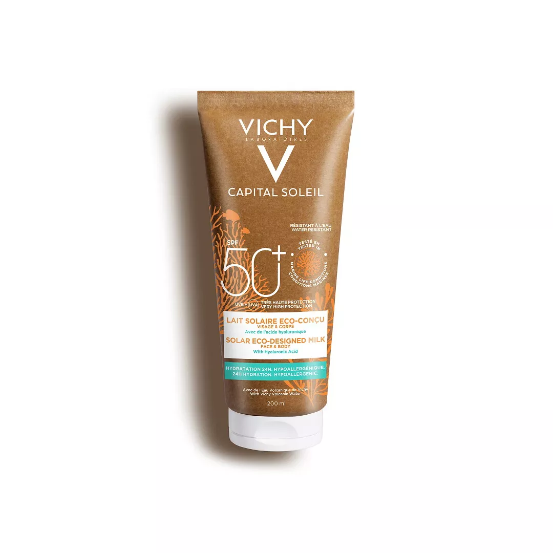 Lapte de protectie solara pentru fata si corp SPF 50+, conceput sustenabil Capital Soleil, 200 ml, Vichy, [],farmaciabajan.ro