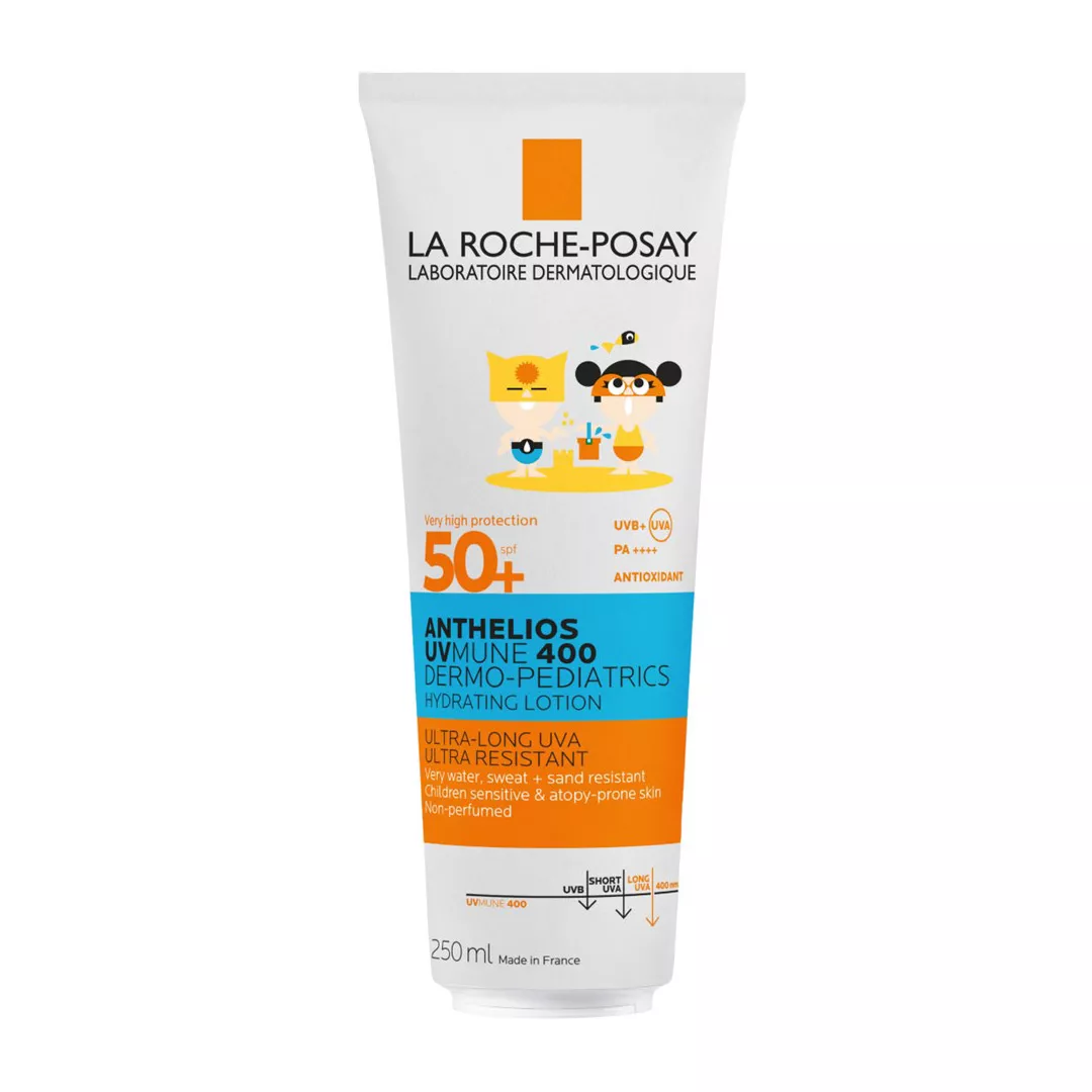 Lapte hidratant cu protectie solara potrivit pentru pielea sensibila a copiilor Anthelios UVMUNE 400 Dermo-Pediatrics Lotiune Hidratanta SPF50+, 250 ml, La Roche Posay, [],farmaciabajan.ro