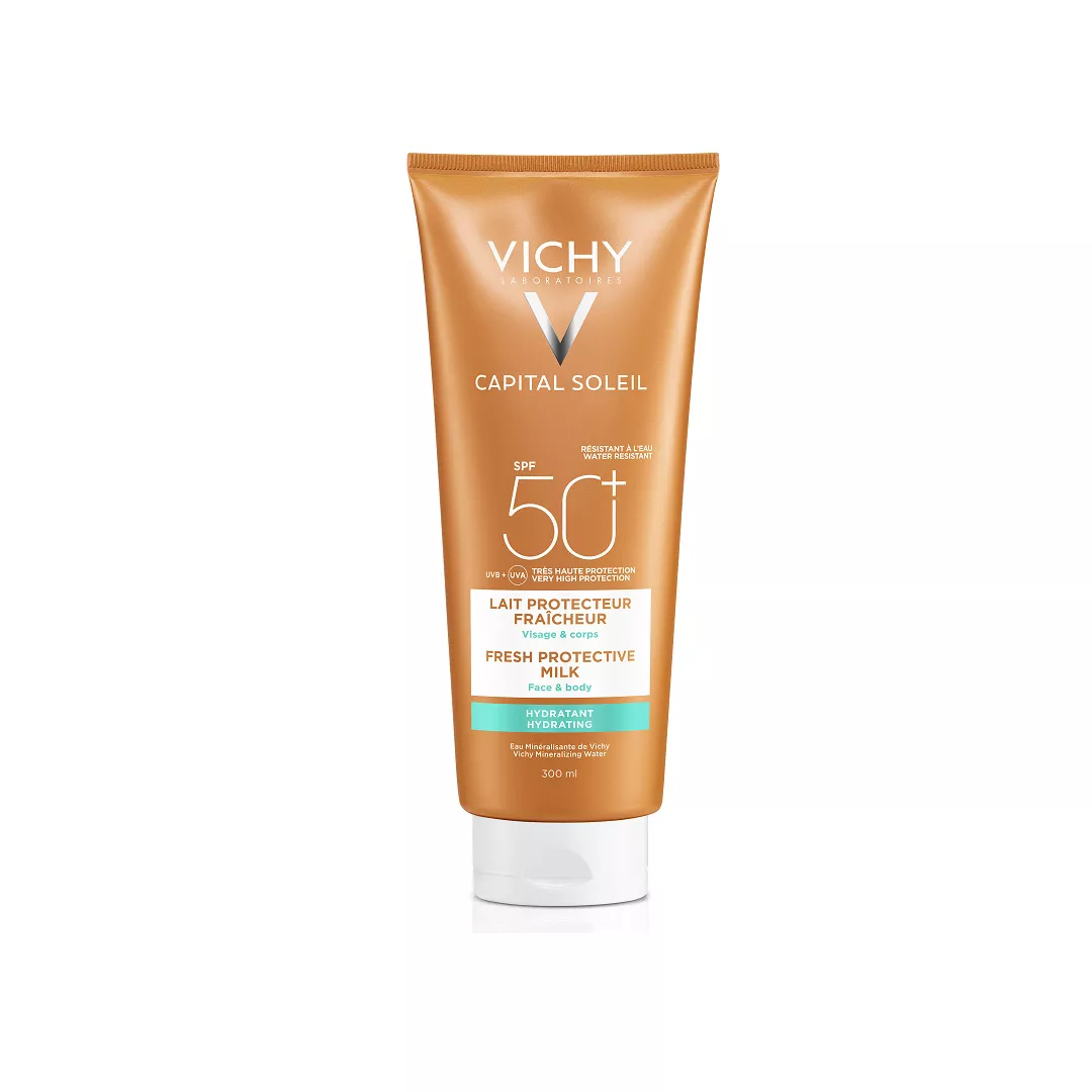 Lapte hidratant de protectie solara pentru fata si corp SPF 50+ Capital Soleil, 300 ml, Vichy, [],farmaciabajan.ro