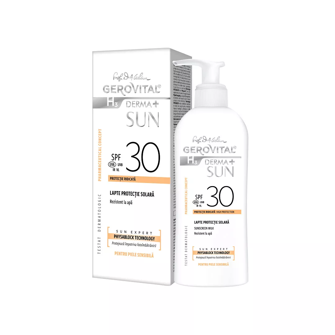 Lapte protectie solara SPF 30 H3 Derma+ Sun, 150 ml, Gerovital, [],https:farmaciabajan.ro