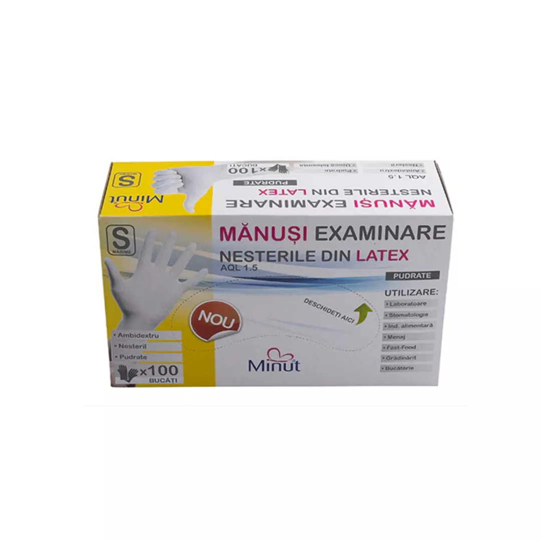 Manusi din latex de unica folosinta, pudrate, Marimea S, 100 bucati, Minut, [],farmaciabajan.ro