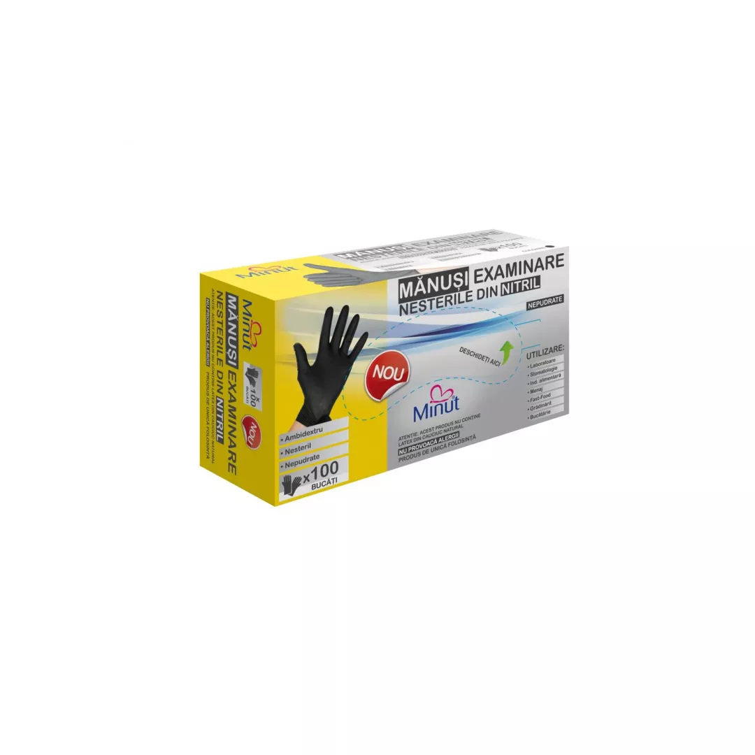 Manusi examinare negre nitril nepudrate M, 100 bucati, Minut, [],farmaciabajan.ro