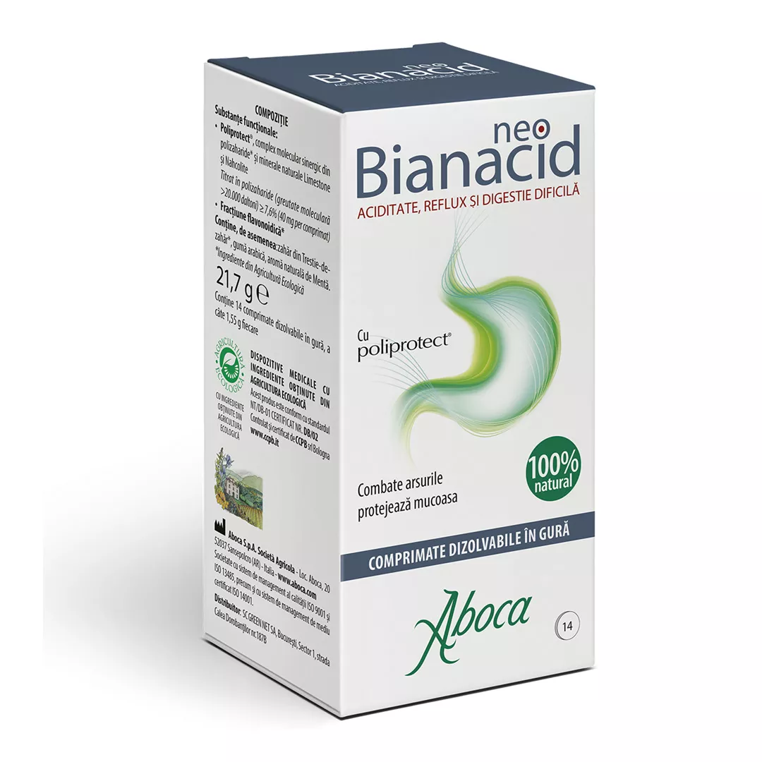 NeoBianacid cu poliprotect pentru aciditate si reflux, 14 comprimate, Aboca, [],farmaciabajan.ro