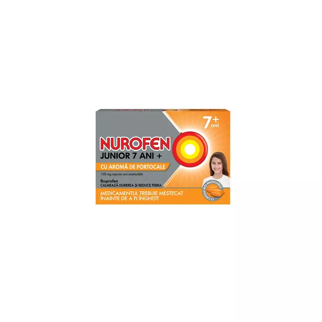 Nurofen Junior 7 ani+ 100 mg cu aroma de portocale, 24 capsule, Reckitt Benckiser, [],farmaciabajan.ro