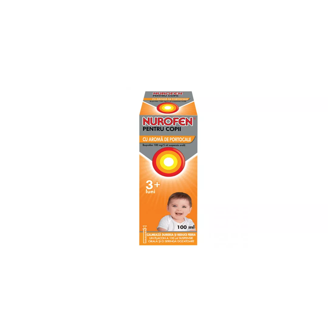 Nurofen 100mg pentru copii 3 luni aroma de portocale, 100 ml, Reckitt Benckiser Healthcare, [],https:farmaciabajan.ro