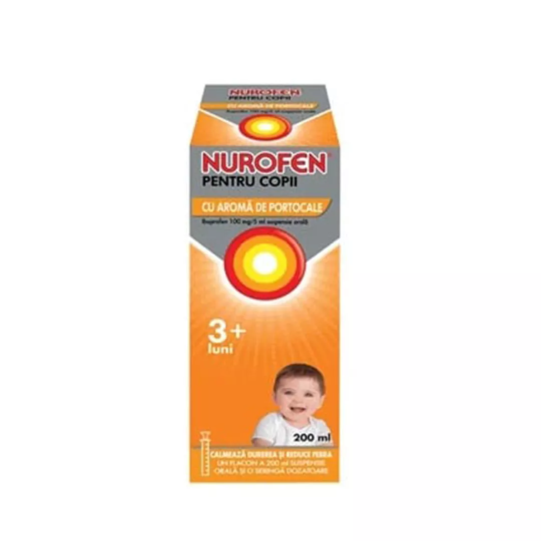 Nurofen sirop 100mg/5ml cu aroma de portocale pentru copii 3 luni+, 200 ml, Reckitt, [],farmaciabajan.ro