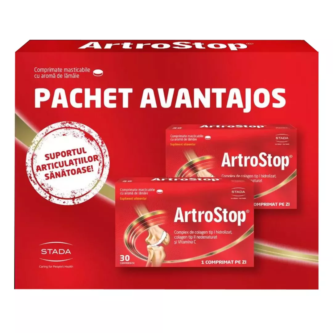 Pachet 1+1: Artrostop cu colagen, 30 comprimate masticabile, [],farmaciabajan.ro