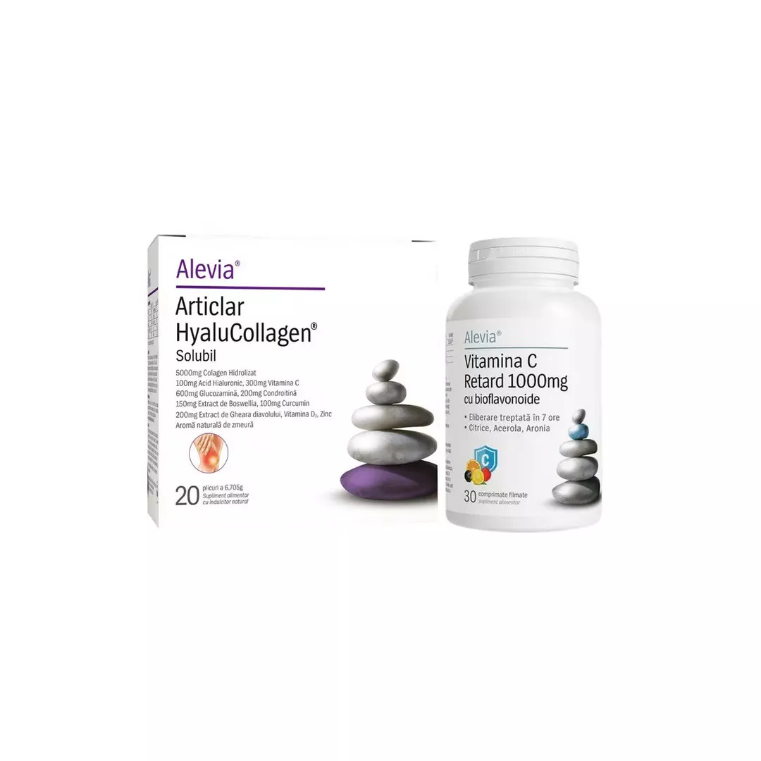 Pachet: Alevia supliment alimentar Articlar Hyalucollagen 20 plicuri si Vitamina C Retard 1000 mg cu bioflavonoide 30 comprimate, [],farmaciabajan.ro