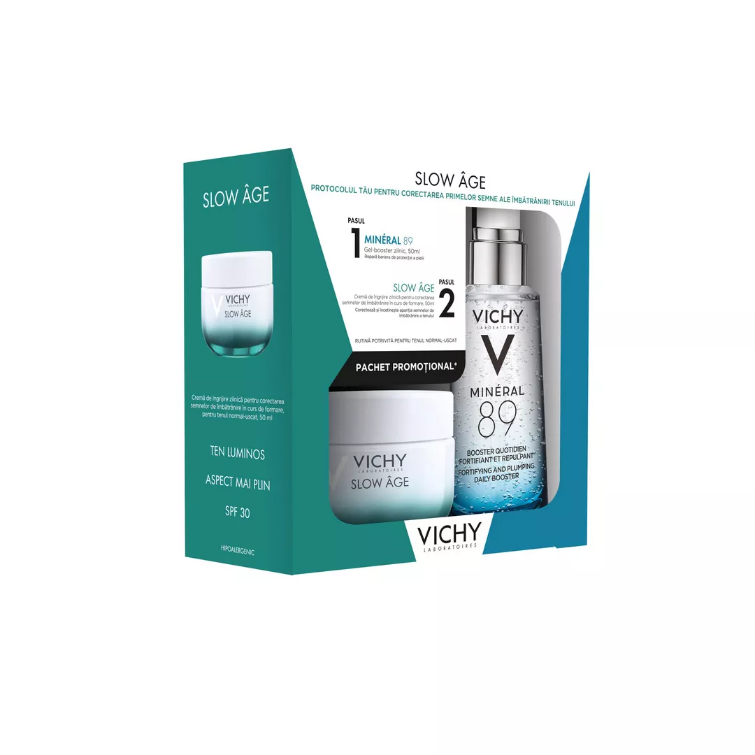Pachet: Crema antirid zilnic Slow Age zilnic pentru corectarea semnelor de imbatranire in curs de formare SPF30, 50ml + Gel-booster zilnic Mineral 89 cu efect de hidratare, fortifiere si reumplere, cu acid hialuronic, 50 ml, Vichy, [],farmaciabajan.ro