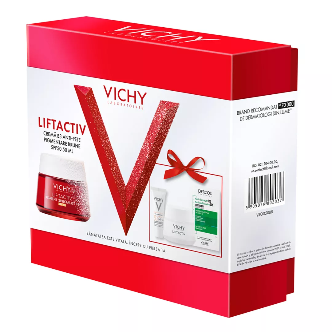 Pachet: Crema cu SPF 50 Liftactiv Pigment Specialist B3, 50 ml + Crema de noapte Liftactiv Pigment Specialist B3, 15 ml + Fluid cu SPF 50+ Capital Soleil, 3 ml + Sampon anti-matreata Dercos, 6 ml, Vichy, [],farmaciabajan.ro