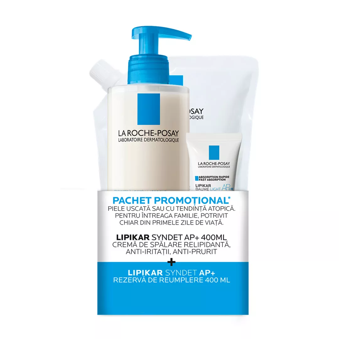 Pachet: Crema de spalare Lipikar Syndet AP+, 400 ml + Rezerva, 400 ml + Balsam Lipikar Baume Light AP+M, 15 ml, La Roche-Posay, [],farmaciabajan.ro