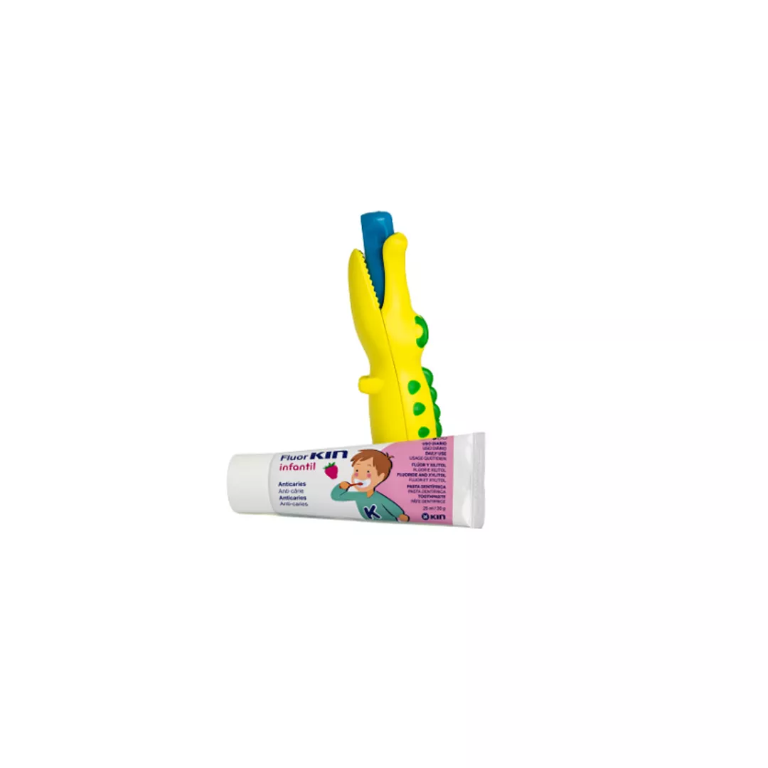Pachet de calatorie pentru copii cu pasta si periuta de dinti Crocodil, 25 ml, Kin, [],farmaciabajan.ro