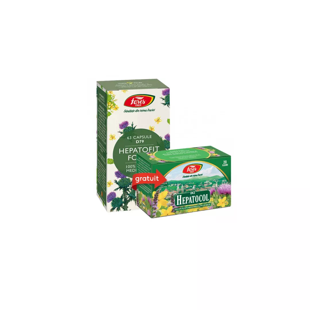 Pachet: Fares Hepatofit Forte 63 capsule + Cadou: Ceai Hepatocol, 20 plicuri, [],farmaciabajan.ro
