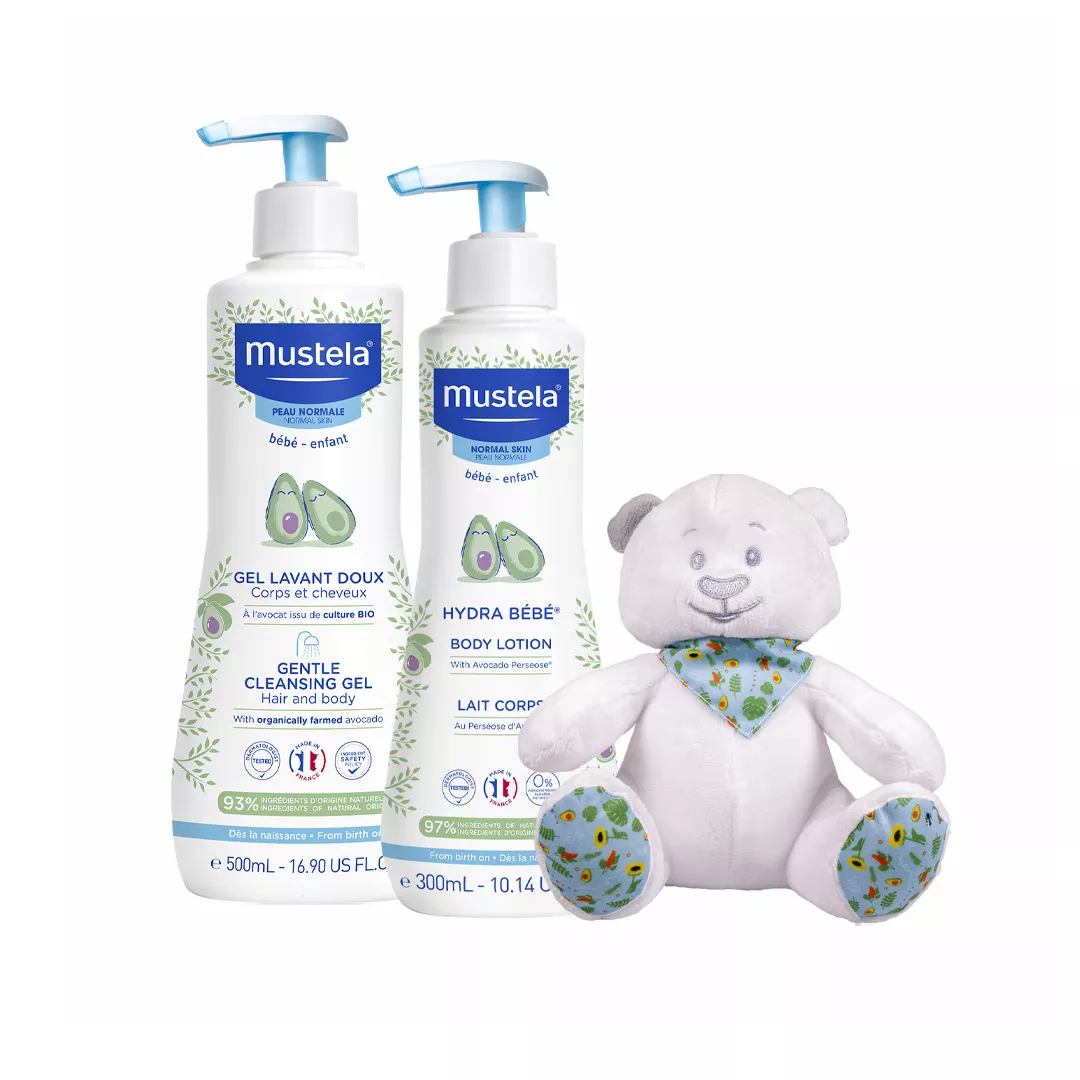 Pachet Gel de curatare delicat pentru par si corp, 500 ml + Lotiune de corp hidratanta, 300 ml + Ursulet, Mustela, [],farmaciabajan.ro