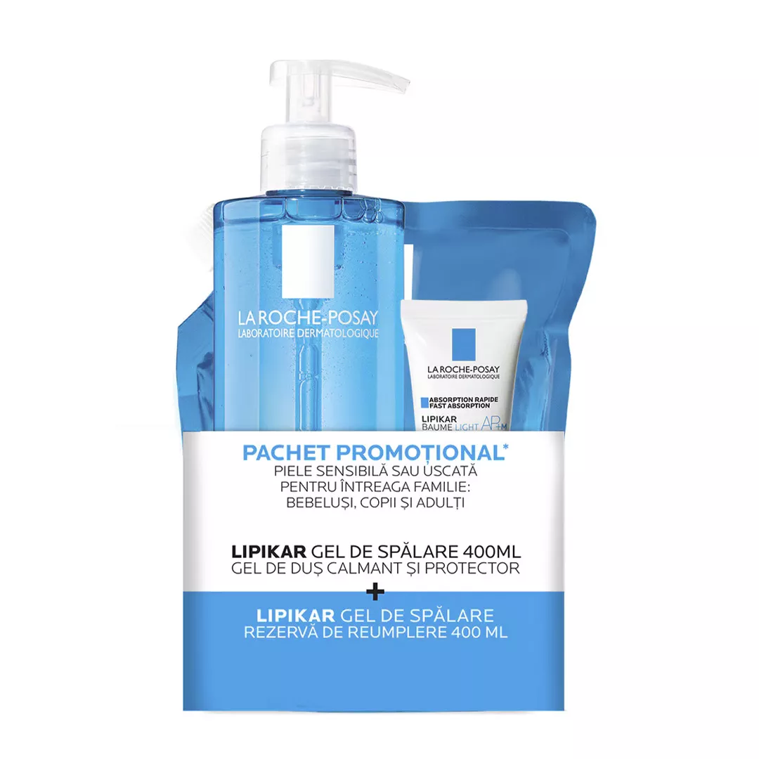 Pachet: Gel de spalare rezerva de reumplere 400 ml, Lipikar + Gel de spalare 400 ml, Lipikar  + 1 x Lipikar Baume Light AP+M 15 ml, La Roche Posay, [],farmaciabajan.ro