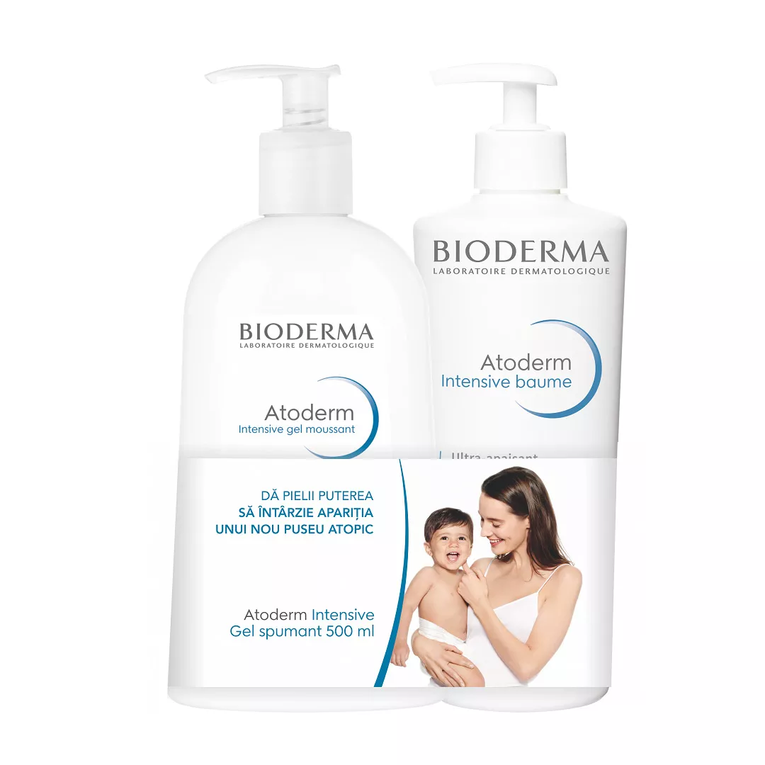 Pachet: Gel spumant Atoderm Intensive, 500 ml + Balsam restructurant si calmant Atoderm Intensive, 500 ml, Bioderma, [],farmaciabajan.ro