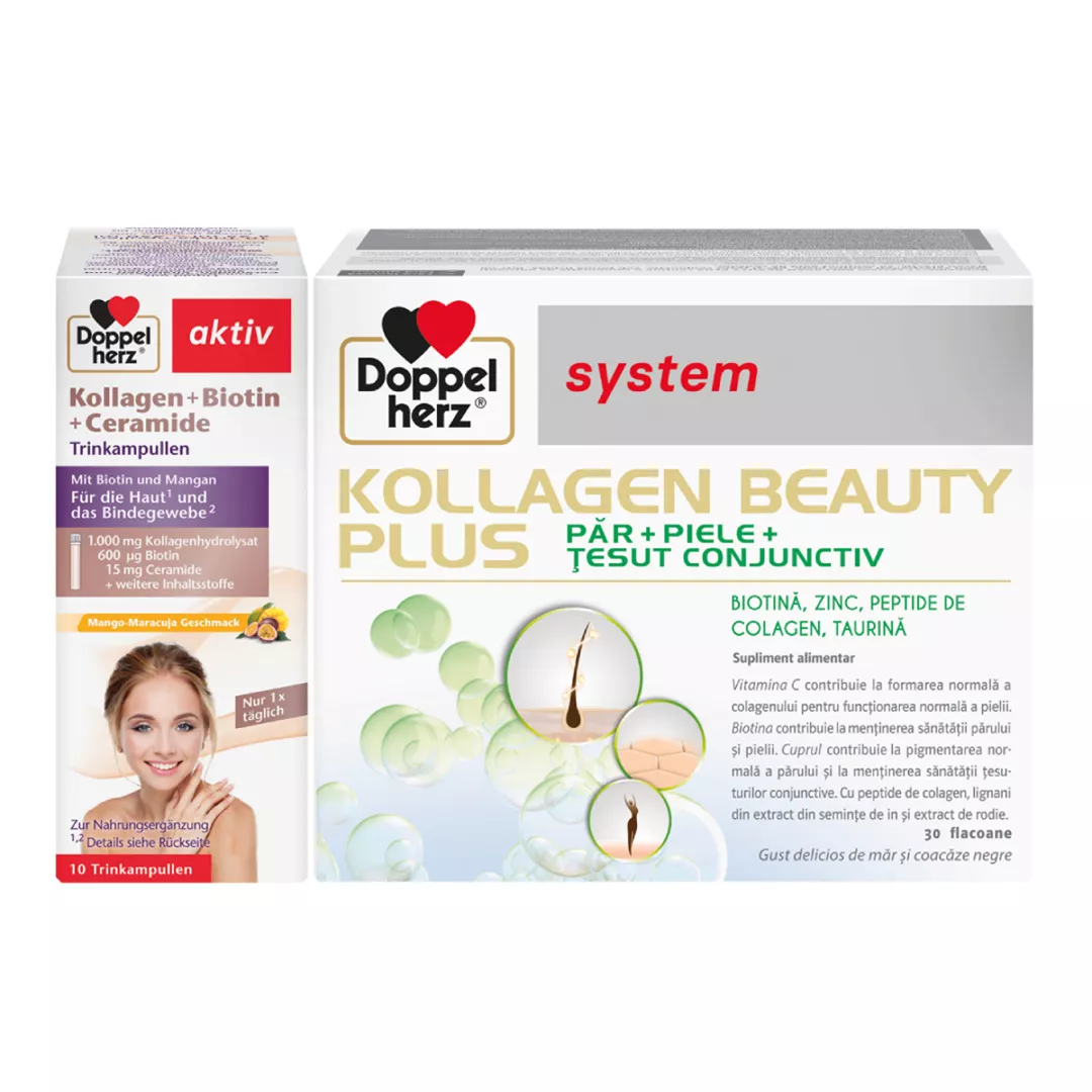 Pachet: Kollagen Beauty Plus, 30 flacoane si Kollagen+Biotina+Ceramide, 10 flacoane, Doppelherz, [],farmaciabajan.ro
