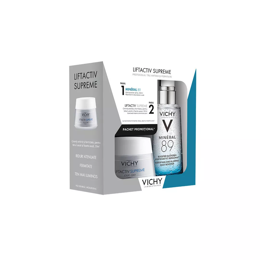 Pachet: Liftactiv Supreme Crema Antirid Ten Uscat 50 ml + Mineral 89 Gel Booster 50 ml, Vichy, [],farmaciabajan.ro