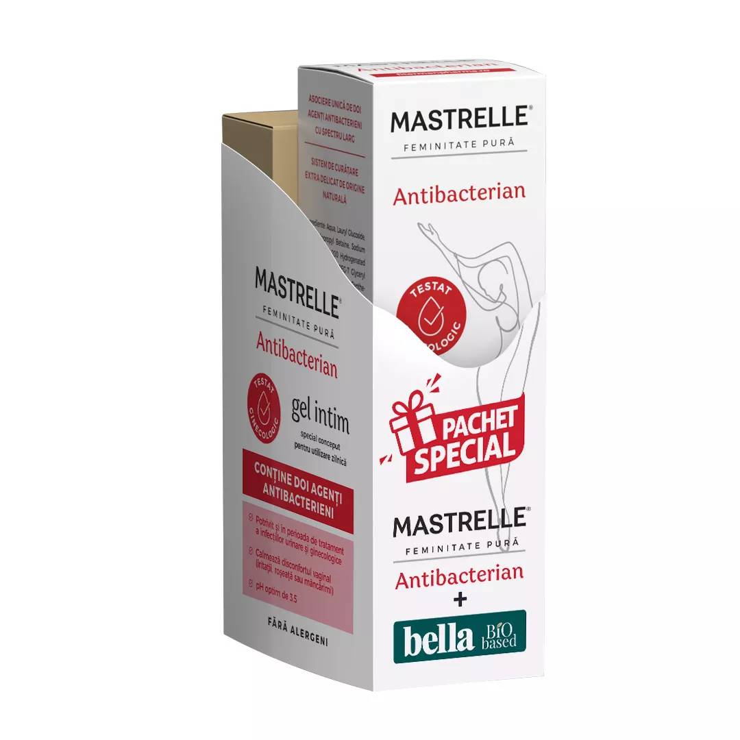 Pachet Mastrelle gel intim antibacterian, 200 ml + Absorbante igienice Bella Bio based normal, 28 bucati, Fiterman, [],https:farmaciabajan.ro