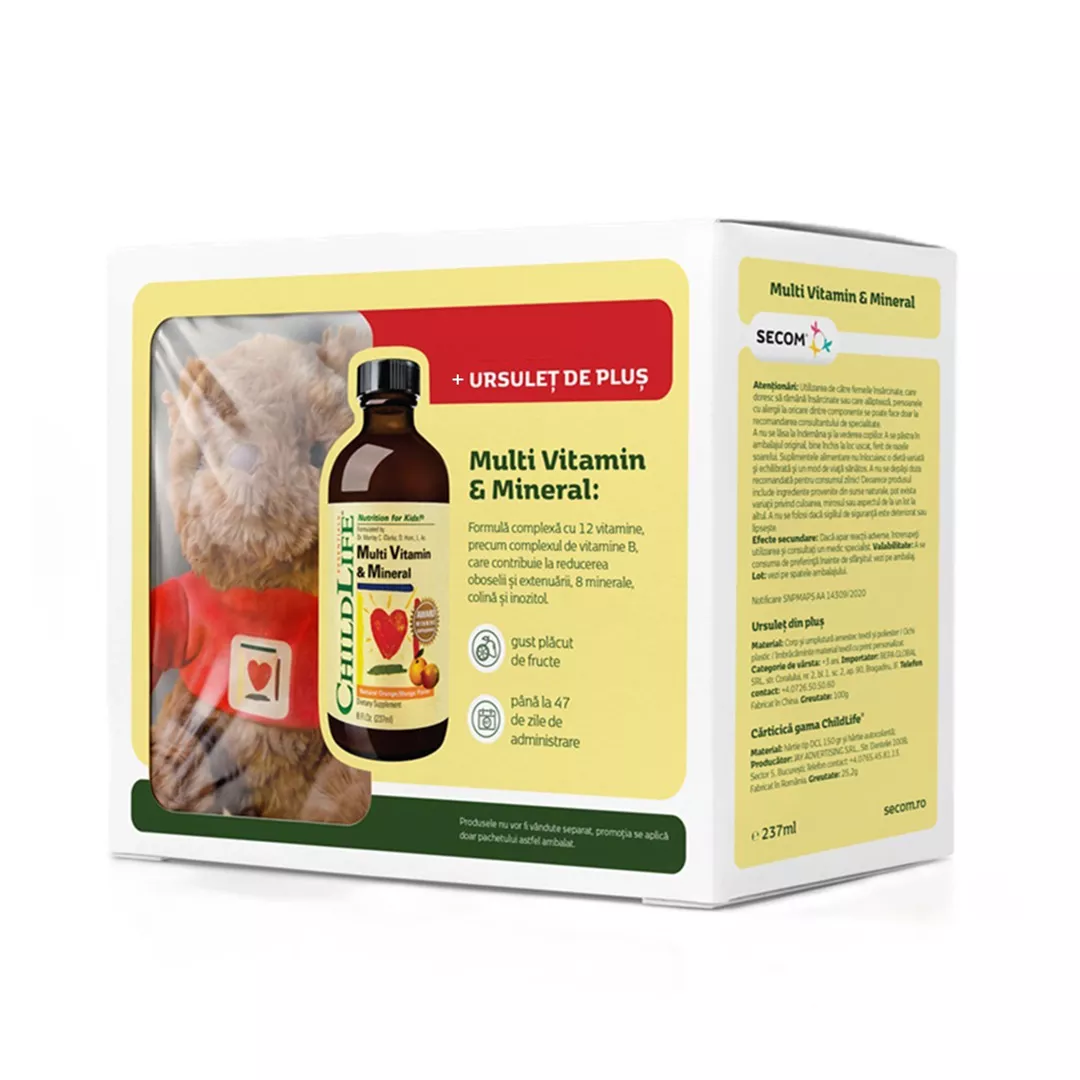 Pachet: Multivitamine si minerale pentru copii Childlife Essentials, 237 ml+Ursulet de plus, Secom, [],farmaciabajan.ro