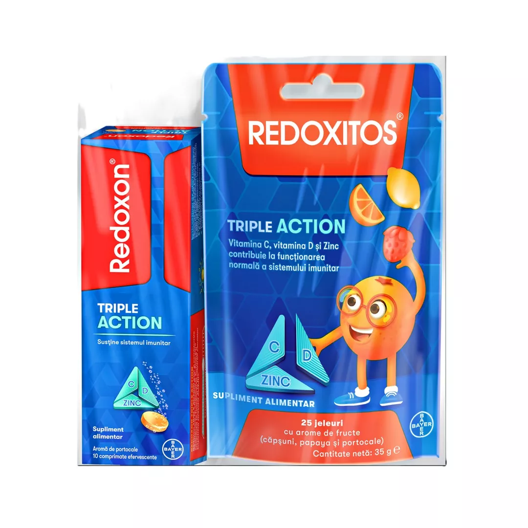 Pachet: Redoxon Triple Action Vitamina C, D si Zinc, 10 comprimate + Jeleuri cu vitamina C 30 mg Redoxitos Triple Action, 25 bucati, Bayer, [],farmaciabajan.ro